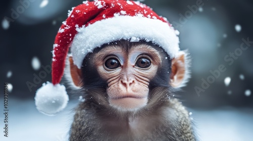 Monkey in Santa hat. Christmas background