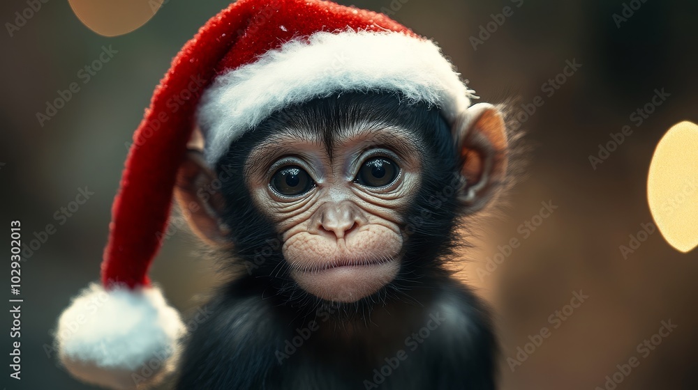 Monkey in Santa hat. Christmas background Monkey in Santa hat. Christmas background
