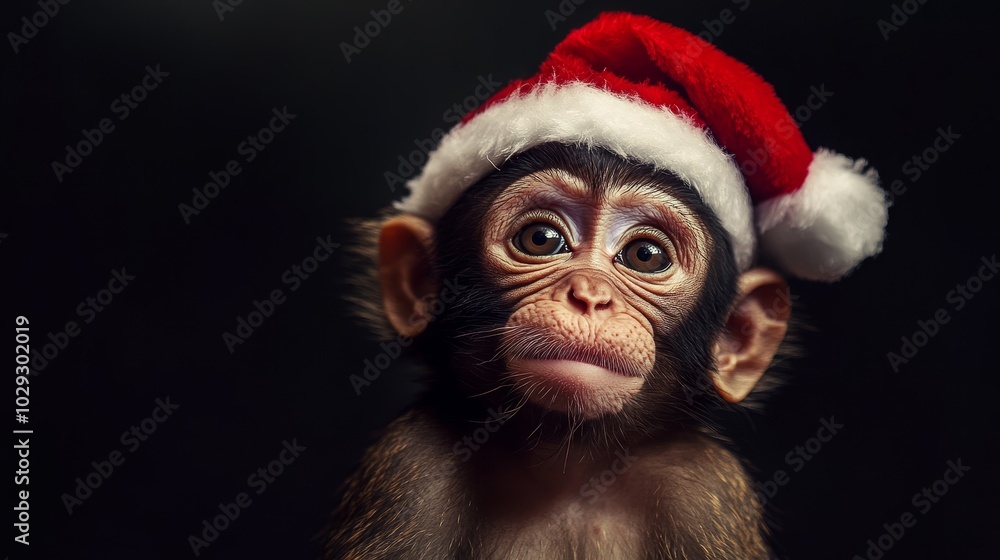 Monkey in Santa hat. Christmas background Monkey in Santa hat. Christmas background
