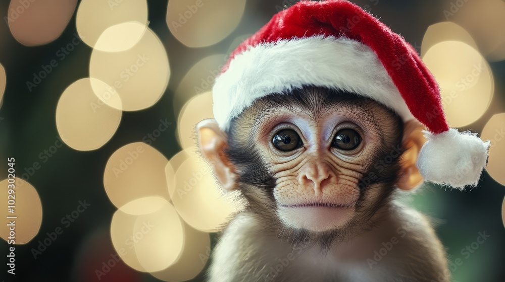 Monkey in Santa hat. Christmas background Monkey in Santa hat. Christmas background
