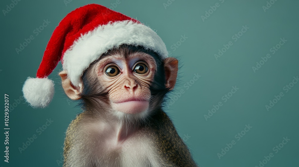 Monkey in Santa hat. Christmas background Monkey in Santa hat. Christmas background