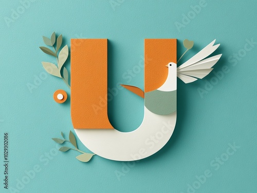 U created by an upside-down umbrella bird curving its wings to form the letter U, soft teal background photo