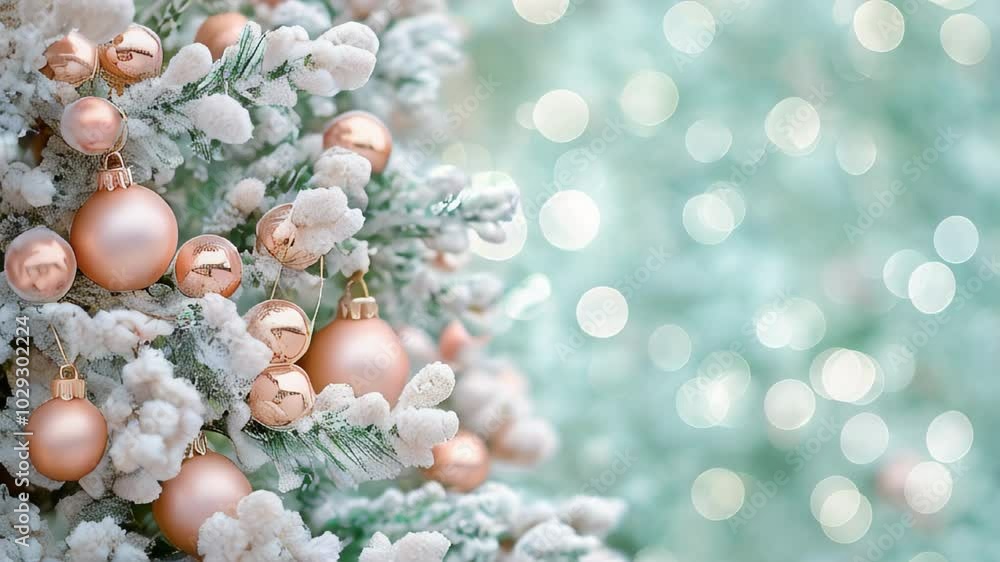 Christmas background with peach-colored toys and blurred lights, Design, banner, website Christmas background with peach-colored toys and blurred lights, Design, banner, website