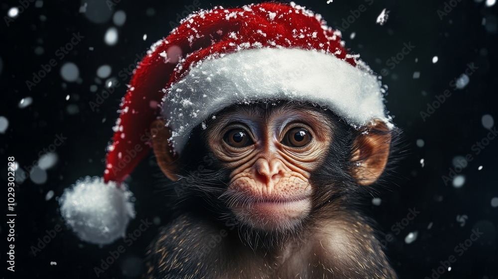Monkey in Santa hat. Christmas background Monkey in Santa hat. Christmas background