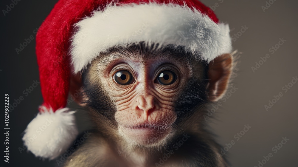 Monkey in Santa hat. Christmas background Monkey in Santa hat. Christmas background