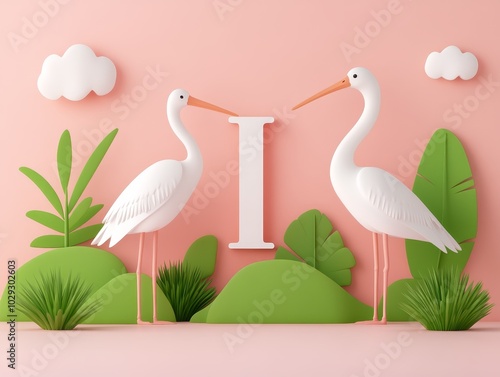 I represented by an ibis standing tall with its long beak forming the straight line of the letter I, warm pink background photo