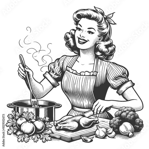 woman cooking in kitchen, preparing meal with fresh vegetables and chicken, vintage homemaking charm sketch engraving generative ai vector illustration. Scratch board imitation. Black and white image.