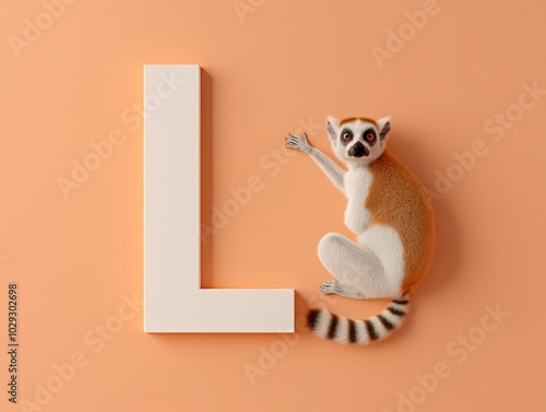 L formed by a lemur sitting with its long tail extending out to create the right-angle shape of the letter L, soft peach background photo