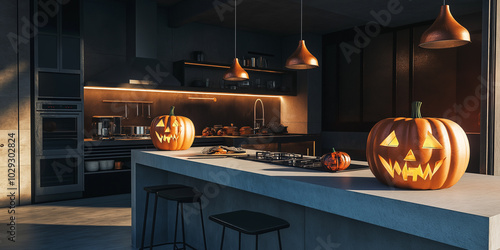 A minimalist modern kitchen featuring a glowing jack-o'-lantern, perfect for subtle Halloween decor photo