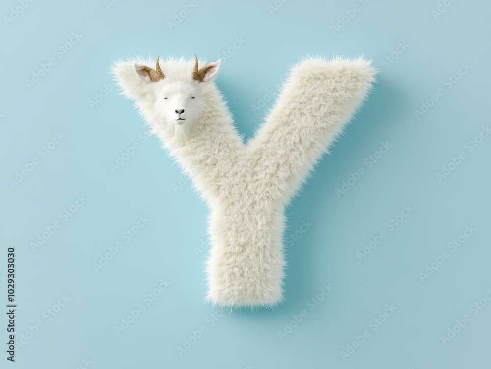Y created by a yak standing tall with its horns curving outward to form the branches of the letter Y, pale blue background Y created by a yak standing tall with its horns curving outward to form the branches of the letter Y, pale blue background