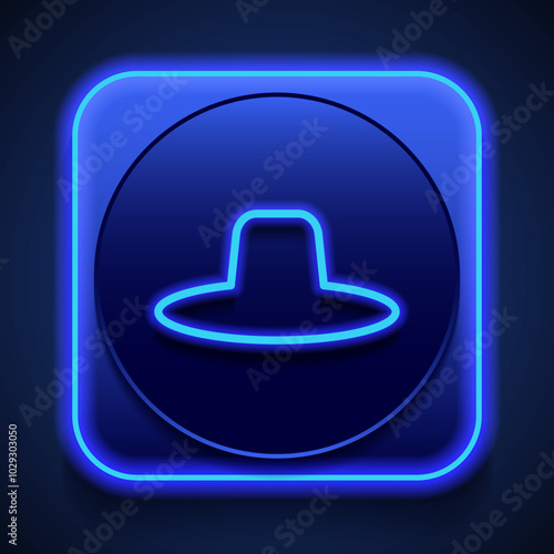 Hat simple icon, vector. Flat design. Blue neon style on button. With shadow