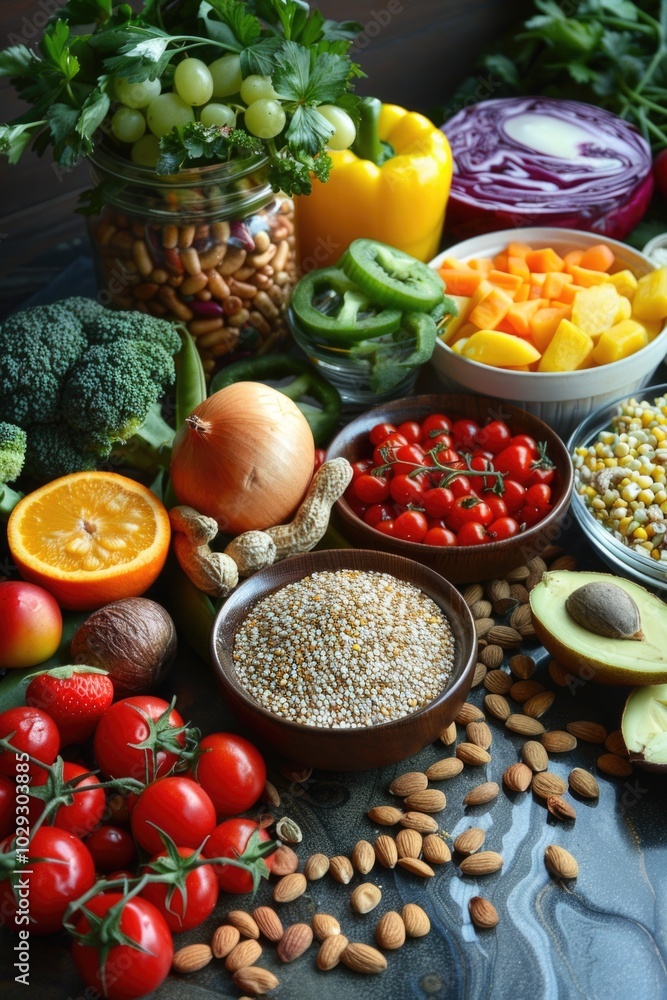Colorful variety of fresh fruits, vegetables, and nuts for healthy meal preparation Colorful variety of fresh fruits, vegetables, and nuts for healthy meal preparation