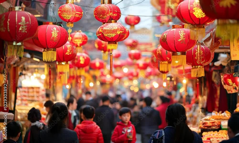 Chinese New Year A busy market with many people and red lanterns hanging overhead. The atmosphere is lively and festive Chinese New Year A busy market with many people and red lanterns hanging overhead. The atmosphere is lively and festive