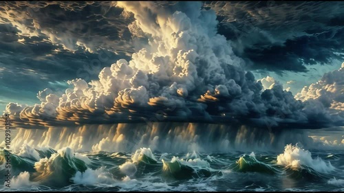 Titel: Golden Rolling Clouds in Heaven concept, Gates of Heaven in the clouds, golden light, god beams, religious scenery of hope and goals, heavenly, light in the dark, paradise in the skie, promised