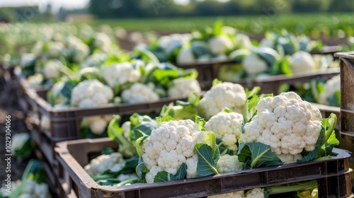 Freshly Harvested Caulifower in Crates in a Field photo