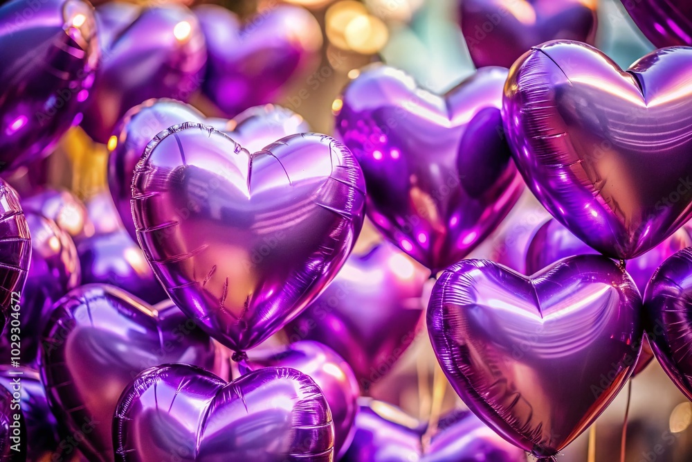 Vibrant Macro Shot of Purple Heart-Shaped Balloons for Celebrations and Events Vibrant Macro Shot of Purple Heart-Shaped Balloons for Celebrations and Events