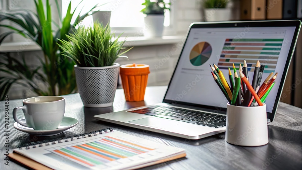 Vibrant Marketer's Desk with Laptop, Notebooks, and Colorful Stationery for Inspiring Workspaces Vibrant Marketer's Desk with Laptop, Notebooks, and Colorful Stationery for Inspiring Workspaces