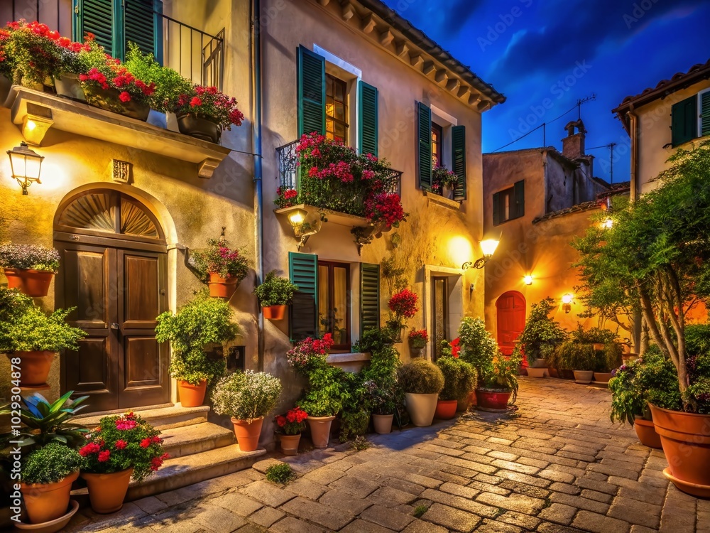 Obraz premium Vibrant Mediterranean Night Scene: Italian Architecture Awash in Colorful Sunlight