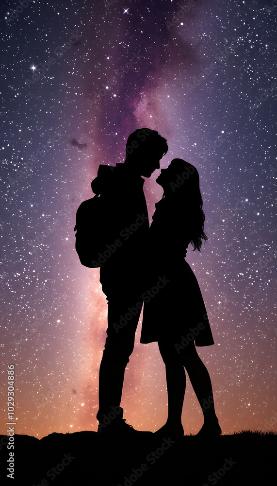 Silhouette of young couple on a milky way stars background. Valentine's day concept isolated with white highlights, png Silhouette of young couple on a milky way stars background. Valentine's day concept isolated with white highlights, png