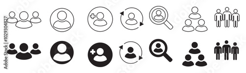 Human resource flat icon vector set. Containing business group people, recruitment, team management, connectivity, global connection, organization, social network.