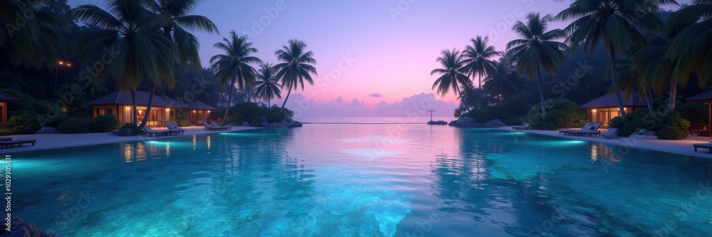 Serene resort setting at twilight, featuring a stunning pool surrounded by palm trees and a tranquil ocean view. Perfect for travel, leisure, and hospitality themes. Serene resort setting at twilight, featuring a stunning pool surrounded by palm trees and a tranquil ocean view. Perfect for travel, leisure, and hospitality themes.