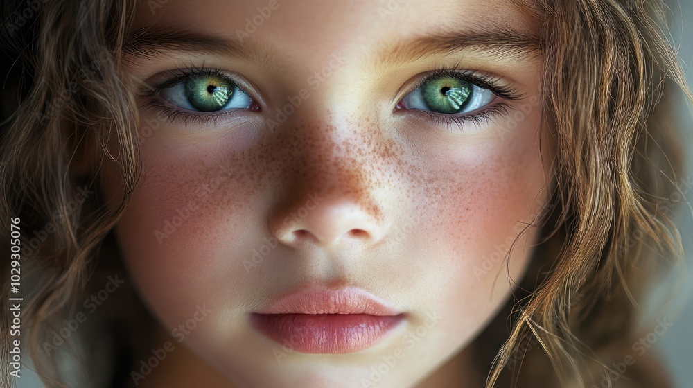 Close-up portrait of a young girl with green eyes and freckles Close-up portrait of a young girl with green eyes and freckles