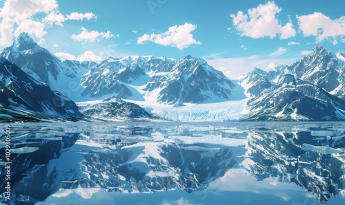 Glacial lake reflecting snow-capped peaks, 4K hyperrealistic photo