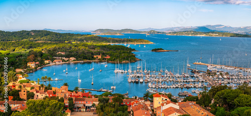 Panoramic view of the port of Porquerolles Island, from Fort Sainte Agathe, in the Port Cros National Park, Var, in Provence, France