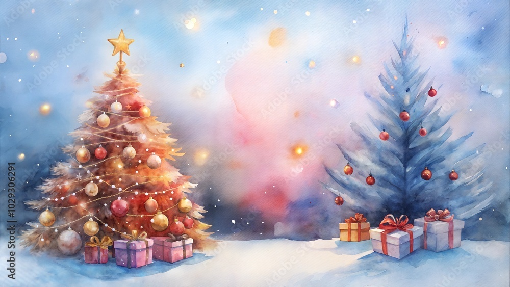 Obraz premium Two Christmas Trees with Presents in a Snowy Landscape
