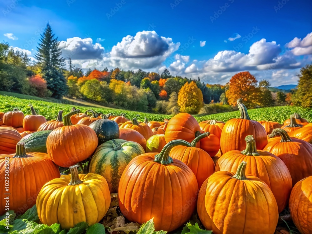 Vibrant Orange and Green Pumpkins at a Lush Pumpkin Patch in Autumn Vibrant Orange and Green Pumpkins at a Lush Pumpkin Patch in Autumn