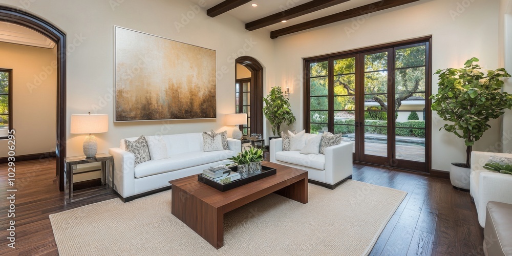 Fototapeta premium A large abstract painting in earthy tones hangs on the wall of an elegant living room with white sofas, a wooden coffee table, and warm lighting.