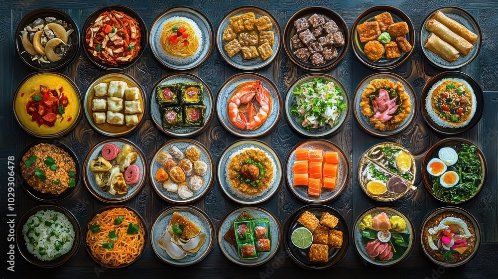 A Culinary Journey: An Array of Asian Dishes Served in Small Bowls A Culinary Journey: An Array of Asian Dishes Served in Small Bowls