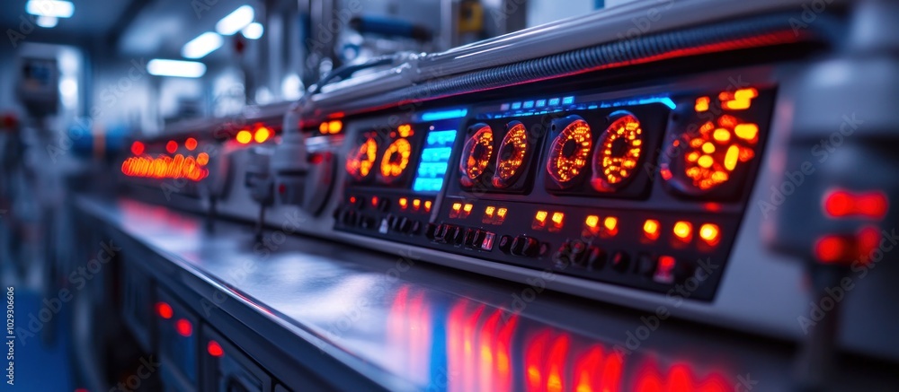 A futuristic control panel with glowing gauges and lights in a high-tech environment. A futuristic control panel with glowing gauges and lights in a high-tech environment.