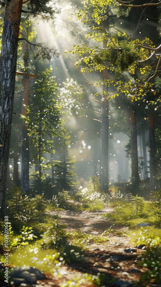 Obraz premium Peaceful forest with sunlight filtering through the trees, 4K hyperrealistic photo