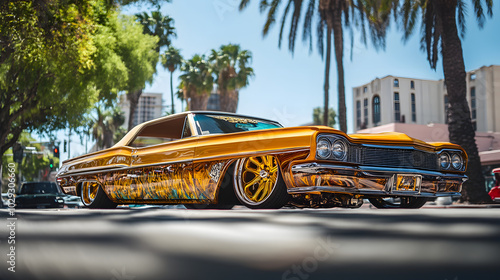 A lowrider with gold rims hydraulics and custom paint bouncing on a sunny boulevard. photo