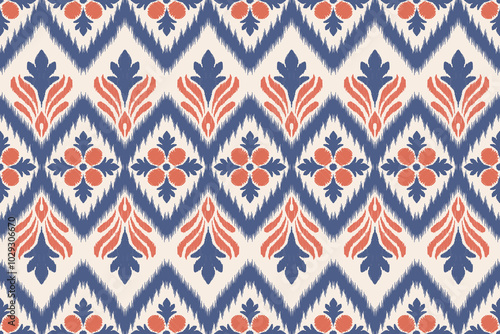 Ikat floral geometric folklore ornament. Oriental vector damask pattern.Ancient art of Arabesque. Tribal ethnic texture. Spanish motif on the carpet. Aztec style. Indian rug. Gypsy, Mexican embroidery