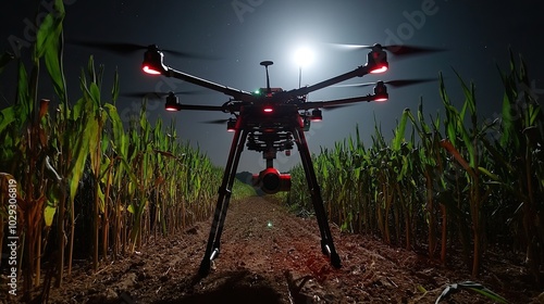 A drone operating in a field at night with thermal imaging to monitor animal movement and keep pests away from crops photo