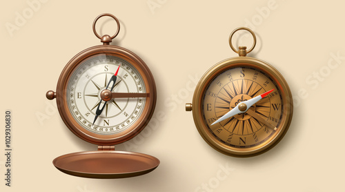 Realistic antique nautical bronze compass with wind rose. 3d vector tools for maritime navigation showing detailed degrees. Isolated vintage, nautical instruments for showing direction in the ocean