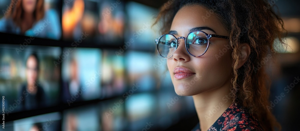 A thoughtful woman gazes at a wall of screens displaying various images. A thoughtful woman gazes at a wall of screens displaying various images.