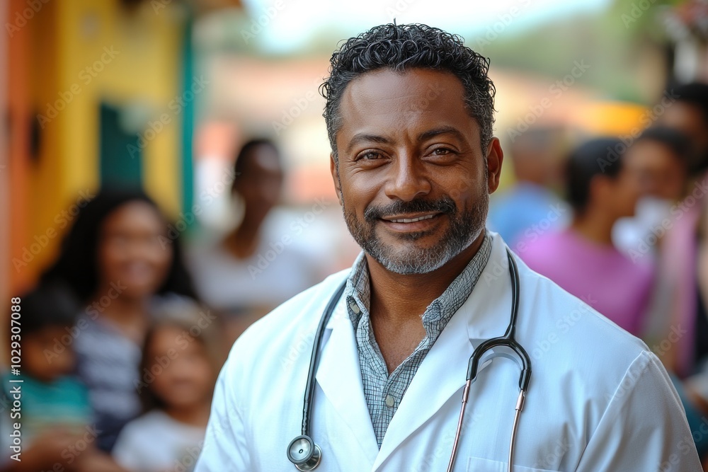 A smiling doctor in a white coat stands confidently in a vibrant community setting. A smiling doctor in a white coat stands confidently in a vibrant community setting.