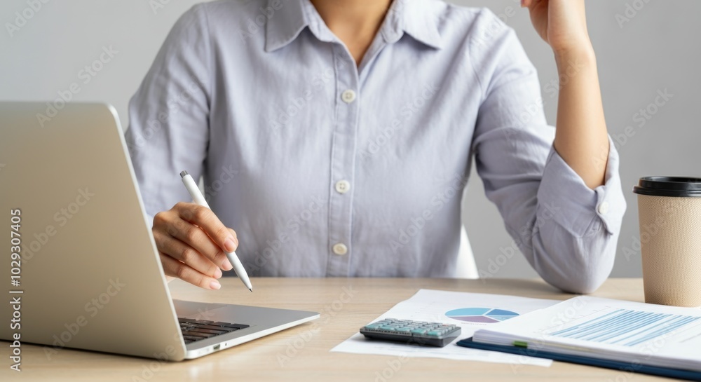Professional Woman Working at Laptop with Financial Documents on Desk Professional Woman Working at Laptop with Financial Documents on Desk