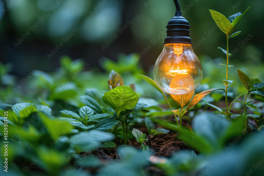 Glowing light bulb amidst lush green plants in eco-friendly garden setting Glowing light bulb amidst lush green plants in eco-friendly garden setting