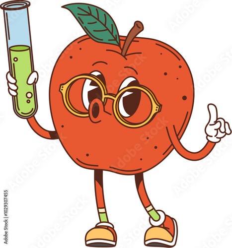 Groovy red apple character in eyeglasses and flask. Cartoon vector ripe fruit food personage with a vintage, retro y2k, hippie school vibe teaching chemistry lesson for kids, gives off a funky mood