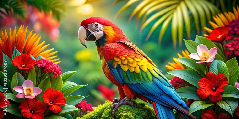 Fototapeta premium Vibrant Parrot Ara Among Tropical Flowers - Exotic Nature Photography