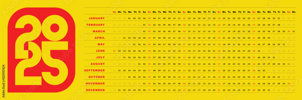 Yellow 2025 calendar horizontal design Yellow 2025 calendar horizontal design