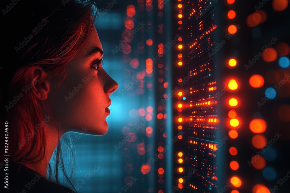 A profile of a woman gazing at illuminated server racks in a tech environment. A profile of a woman gazing at illuminated server racks in a tech environment.
