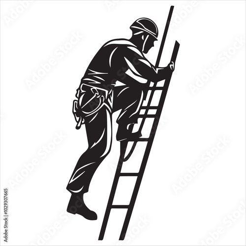 Simple minimalist vector logo of a man in a helmet and harness climbing a ladder, on a white background.