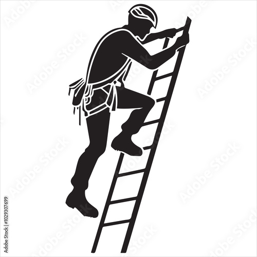 Simple minimalist vector logo of a man in a helmet and harness climbing a ladder, on a white background.