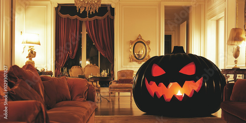 Lavish Parisian Living Room Halloween: Jet-black jack-o-lantern with glowing red eyes and eerie reflections photo