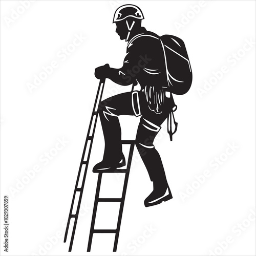 Simple minimalist vector logo of a man in a helmet and harness climbing a ladder, on a white background.